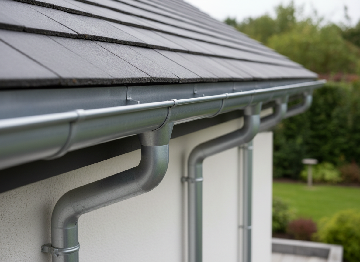 A long, continuous aluminum gutter system in a soft metallic graphite color, running seamlessly along the edge of a modern house roof. The gutter has a perfectly smooth, pulled profile with no visible joints, brackets aligned with precision, and crisp, clean downpipes. It is mounted against light plastered walls and dark composite roofing. Soft overcast daylight creates even, realistic illumination, revealing subtle reflections on the metal surface and faint shadows under the eaves. Captured at eye level with a slight diagonal perspective, the composition emphasizes the uninterrupted length of the system. The atmosphere is professional and clean, showcasing high-quality workmanship in photographic realism with sharp focus throughout and a slightly blurred garden background.